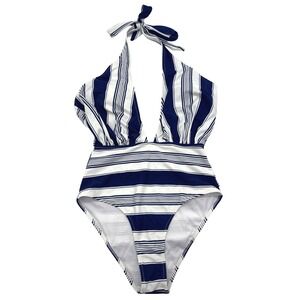 CUPSHE Striped One Piece Swimsuit Halter Plunge Neck‎ Bathing Suit Nautical S